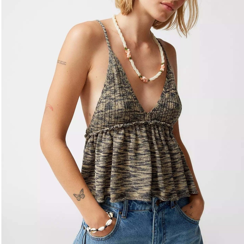 Kimchi Blue Tank Top Ecote Dallas Sweater XS Halter Open Back Babydoll Boho Y2K